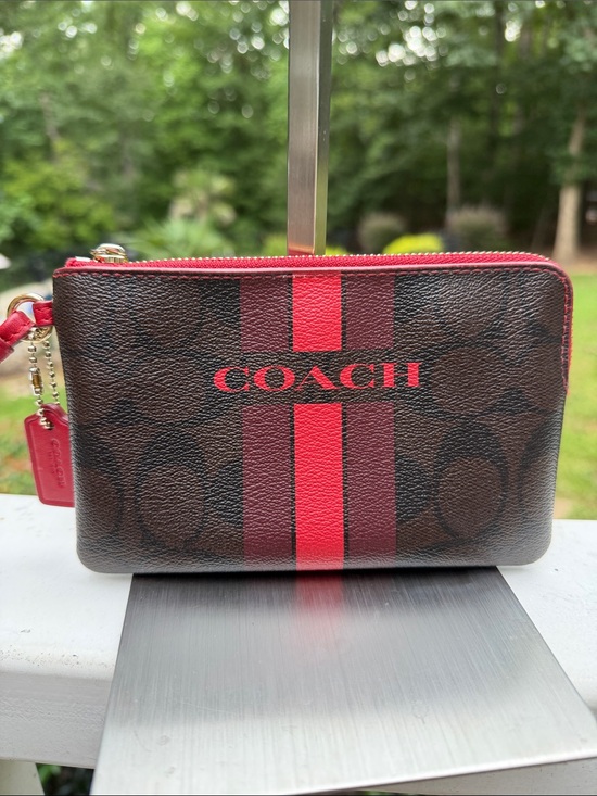 Coach Handbags - COACH Signature Stripe Zip Wristlet in Brown and Red